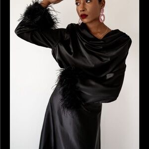 NWT Elegant Black Satin Bodysuit with Feather sleeves